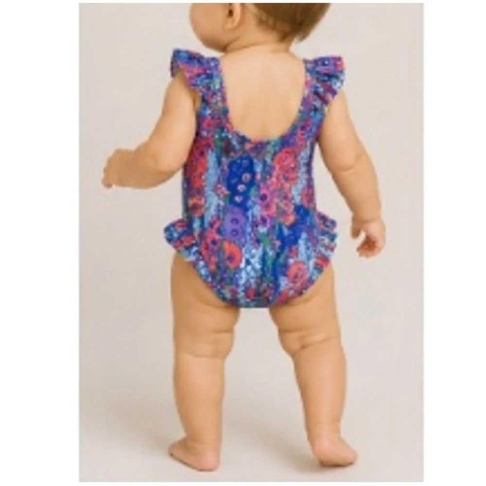 Kate Quinn Baby Vivid Hollyhocks Snap Side Ruffle Tank Swimsuit 12-18M NWT